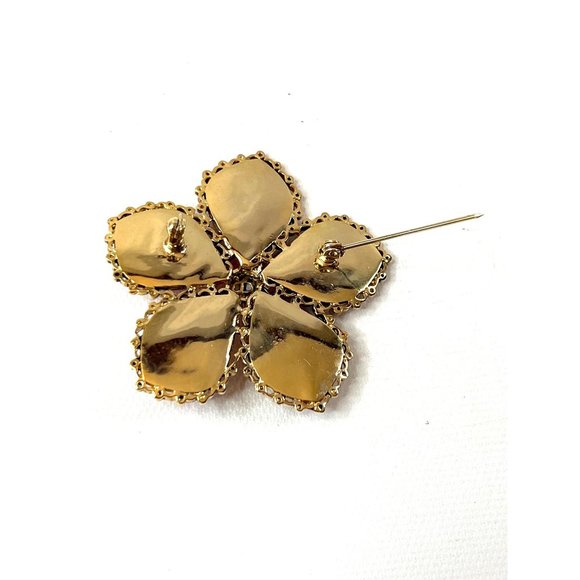 Large Vintage Flower Brooch Pearlized Coral Swirl Gold Tone Frame 2 3/16" - Picture 5 of 10